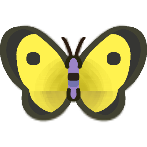 An emote of a simple butterfly. The outline of the butterfly is dark yellow. The wings of the butterfly are vibrant yellow with dark yellow shading from the body. There are black tips at the top of the butterfly upper wings with a black dot in the middle of the upper wings. The body is light purple with a dark brown mark in the middle of its body with a dark purple mark stretching over its back from the brown mark.